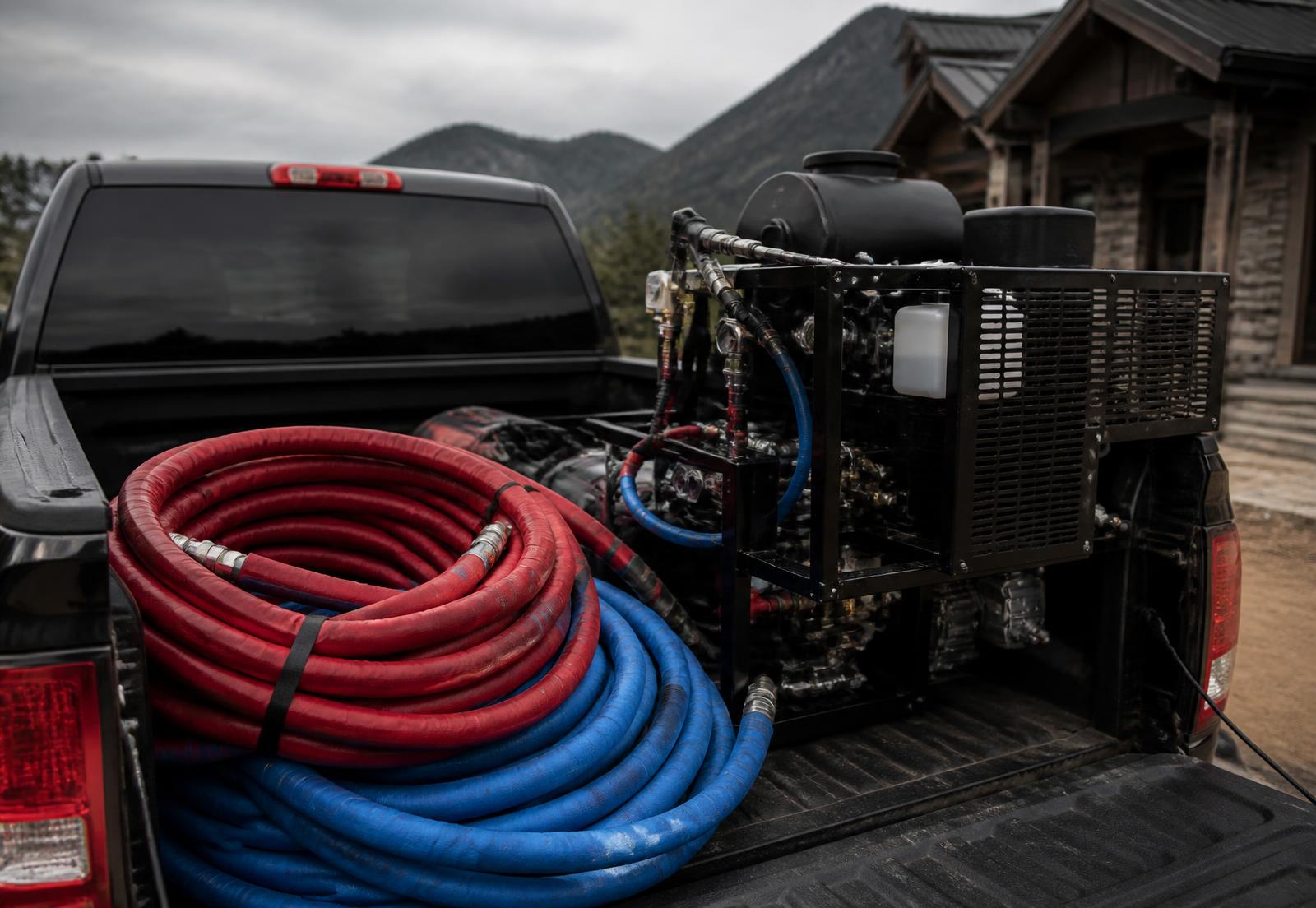 Comfort Life Construction spray foam rig staged at a mountain job site