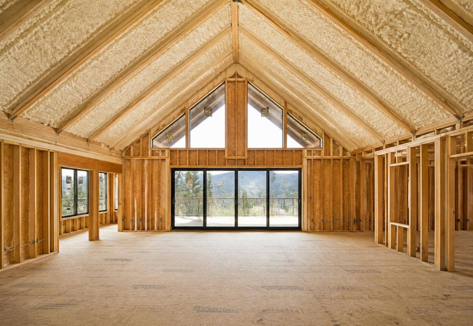 New construction interior with spray foam insulated vaulted ceiling